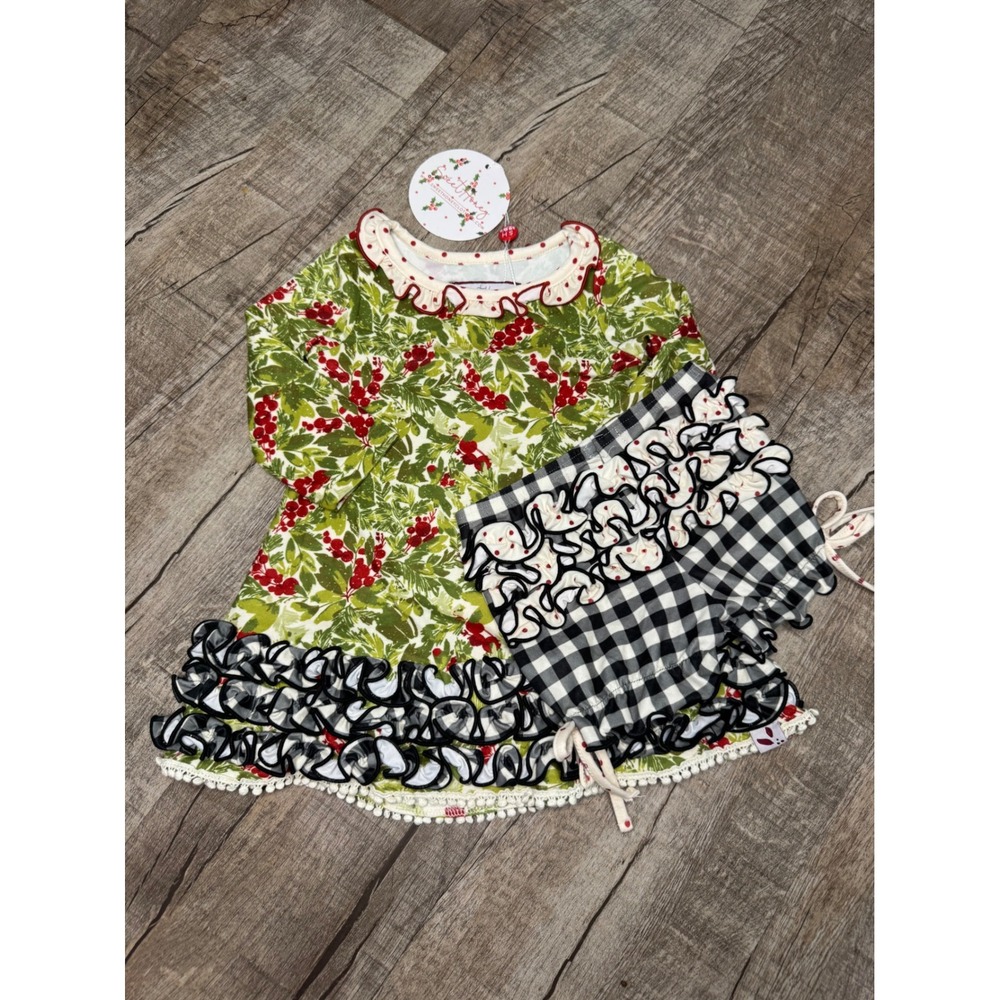 SweetHoney Baby Girls Christmas Holly Tunic & Gingham Bloomers Set 6m NWT